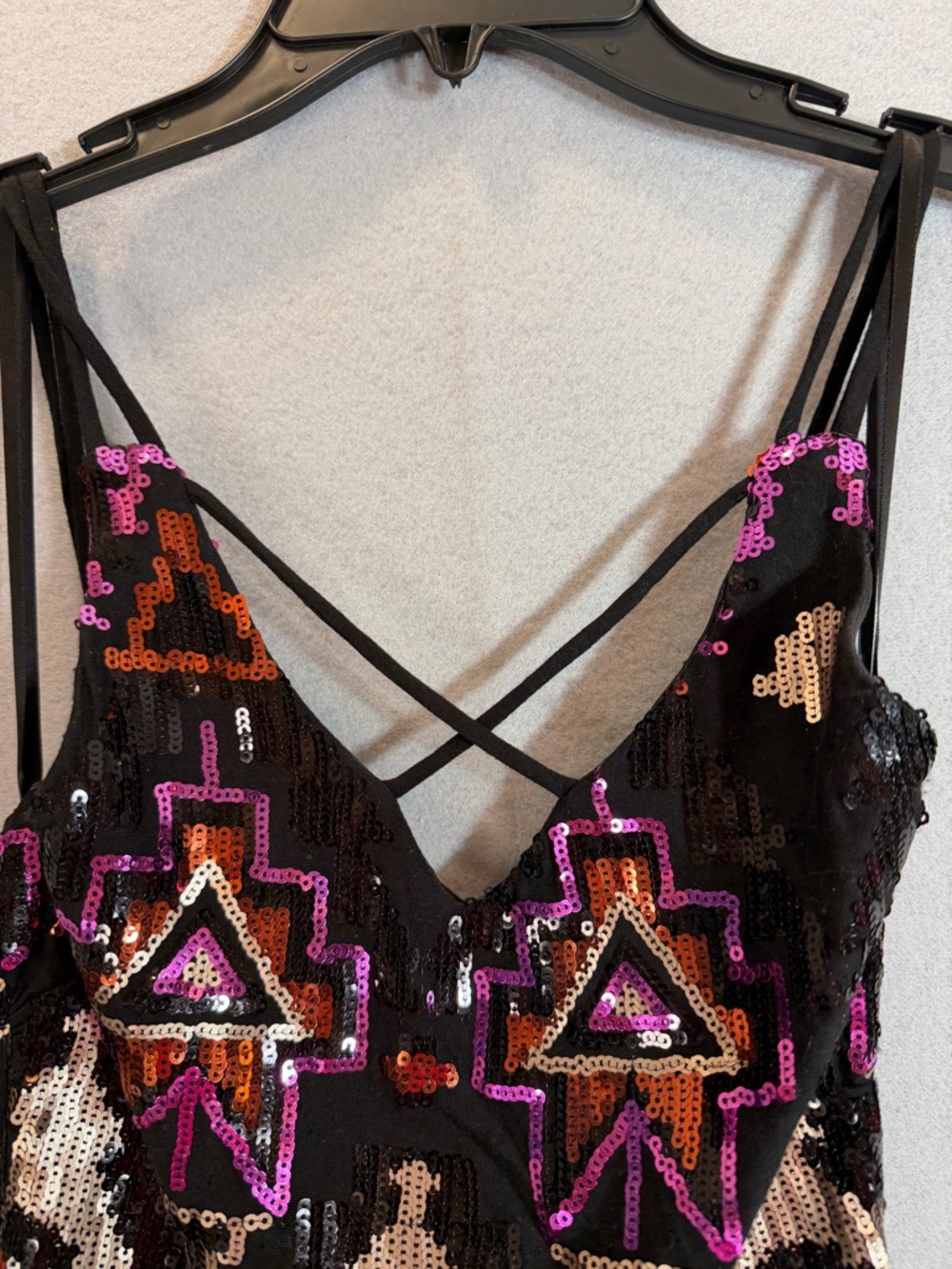 Sequin Mini Dress Size 1 Black Pink Geometric Aztec Strappy Party - Picture 2 of 15